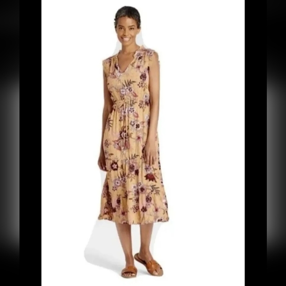 Knox Rose Women's Sleeveless Midi Dress Mustard Yellow Floral Ruffle Size L - Picture 1 of 8